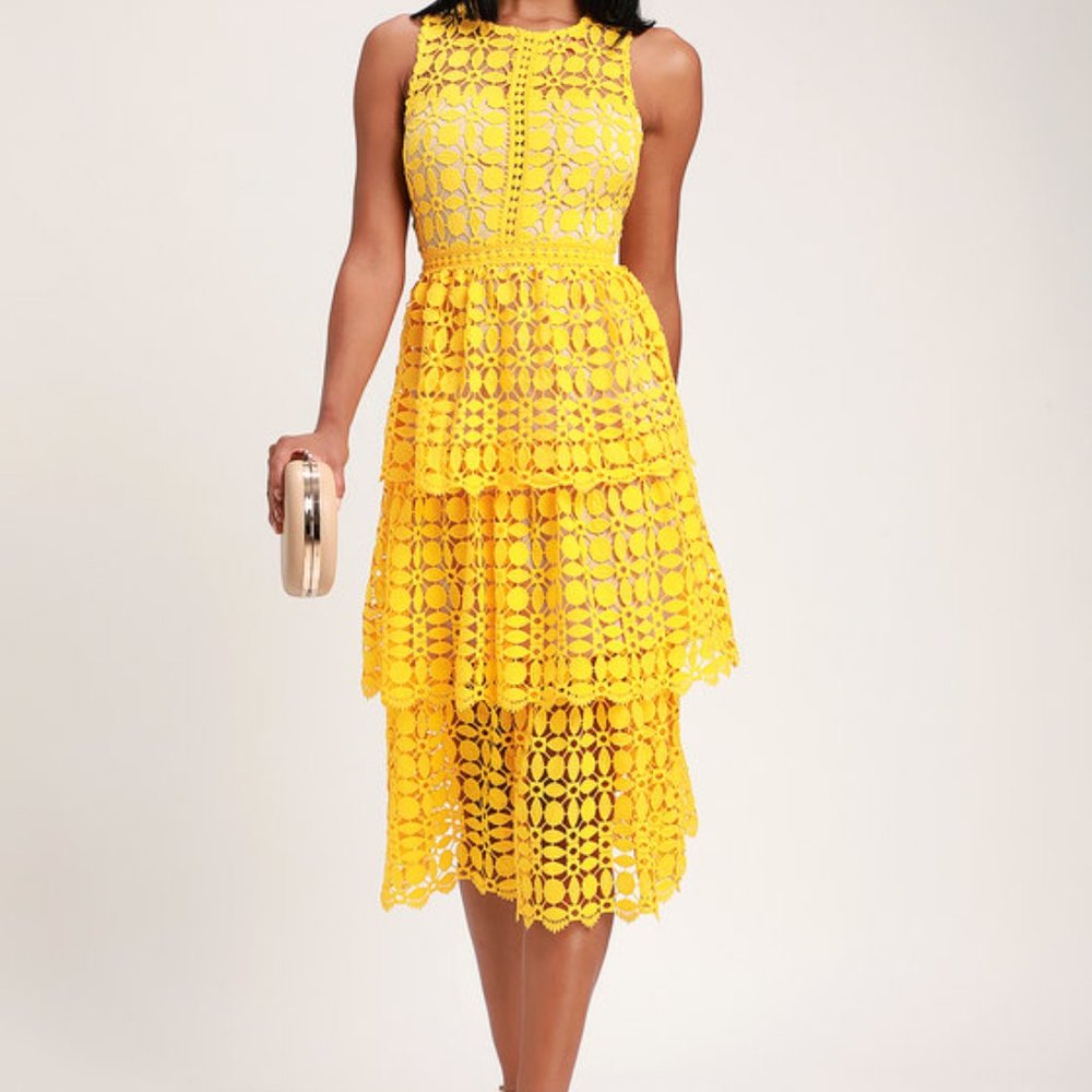 Lulu's Larissa Yellow Crochet Lace Sleeveless Midi Dress